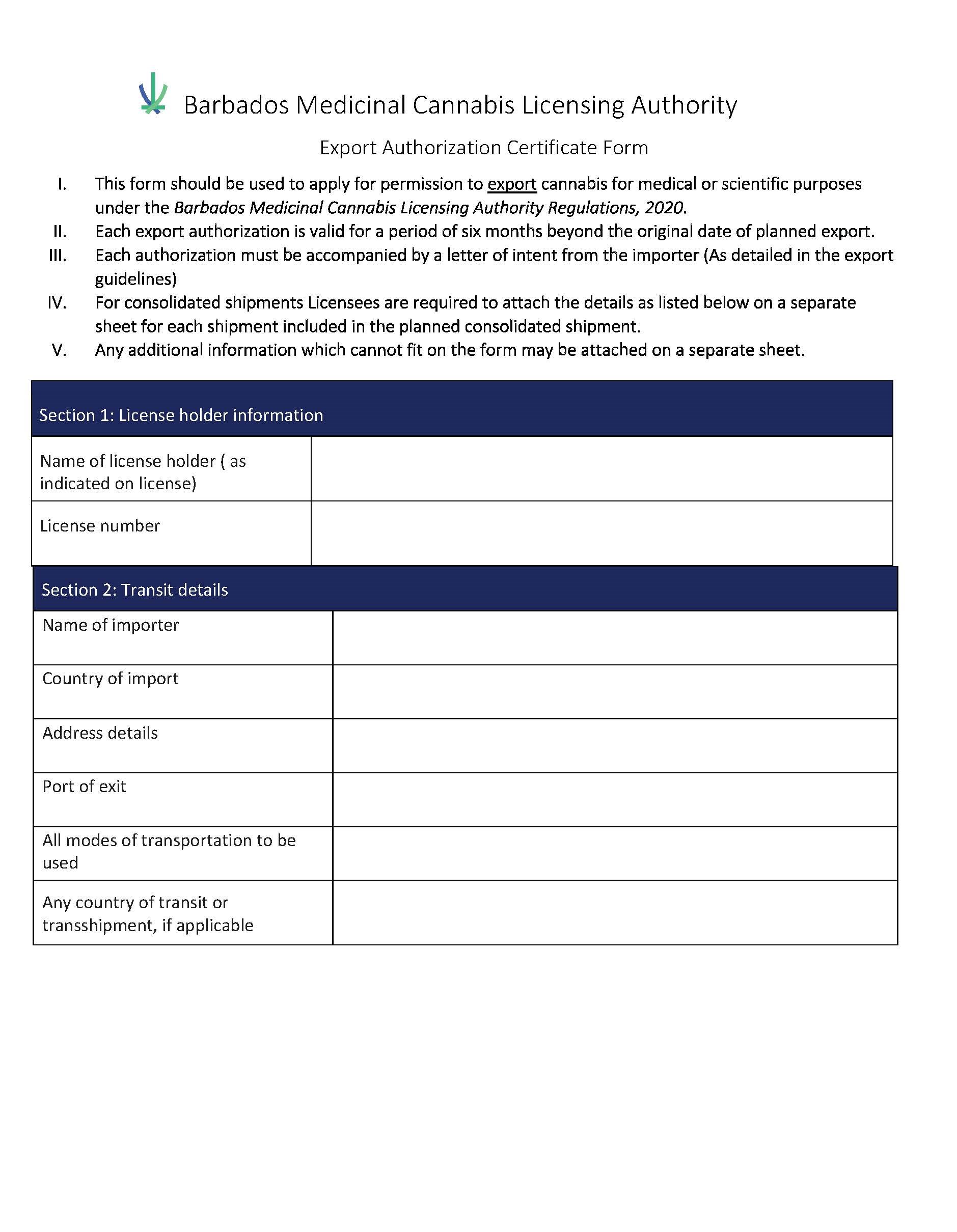 BMCLA Export Authorization Certificate Form